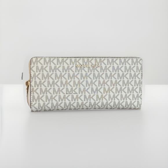 Michael Kors Jet Set Travel Wallet Wristlet Vanilla Printed Canvas Large New - Picture 1 of 7